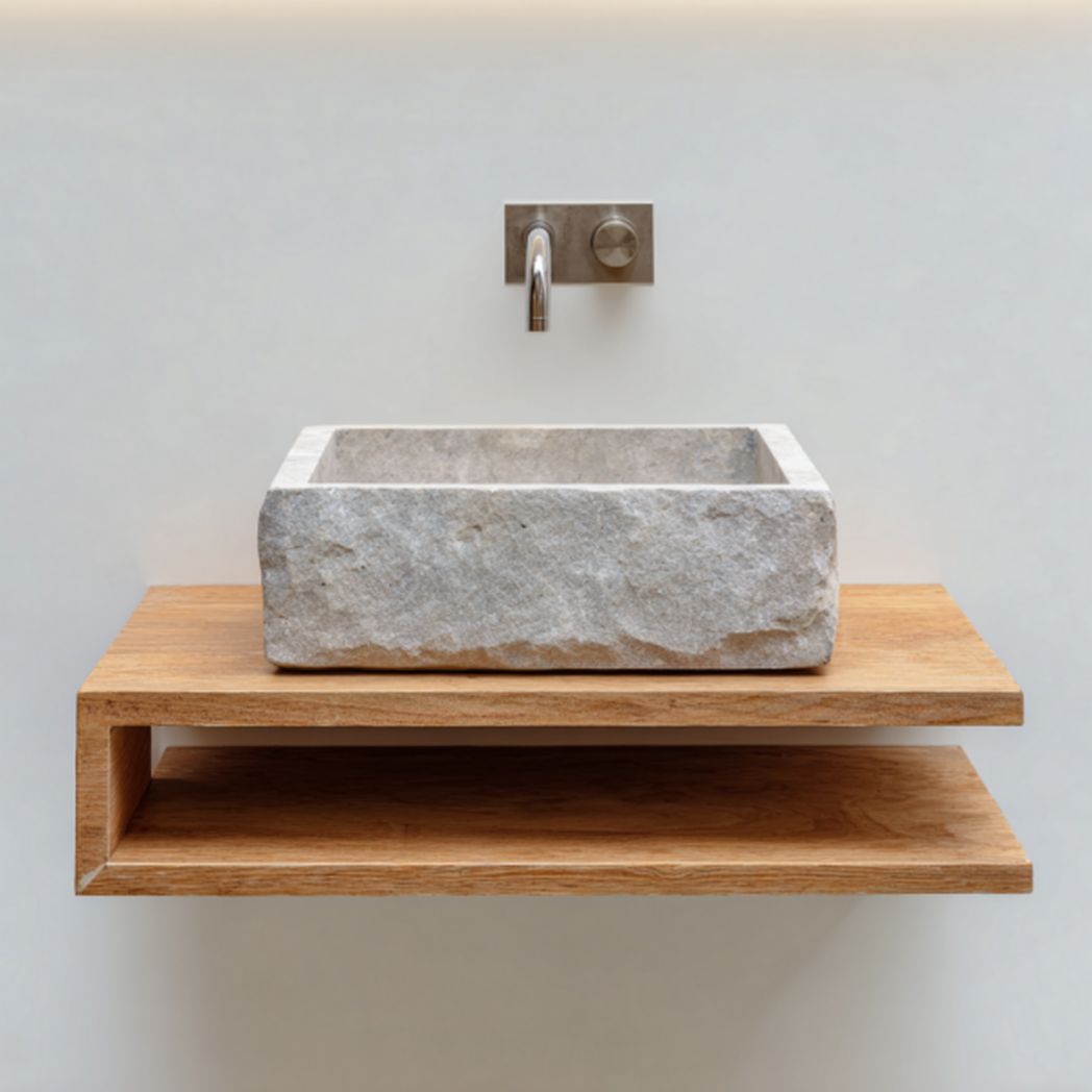 Terrazzo bathroom sink with walnut shelf - 60 x 40 x 15cm